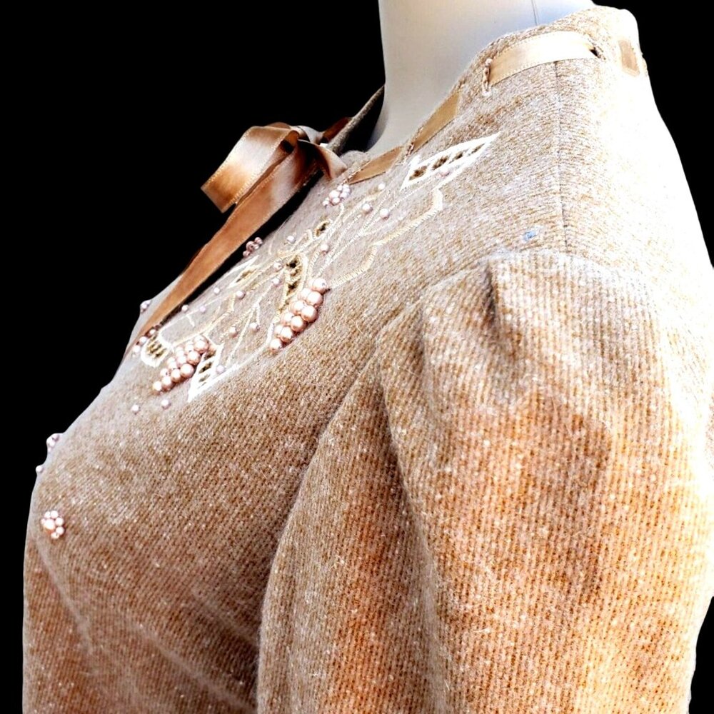 Vintage 90s Cardigan Jacket Pearl Embellished Beige Wool 6 Small - Picture 9 of 13